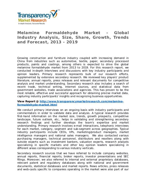 Melamine Formaldehyde Market SWOT Analysis Of Top Key Player Forecast Melamine Formaldehyde Market - Global Industry Ana