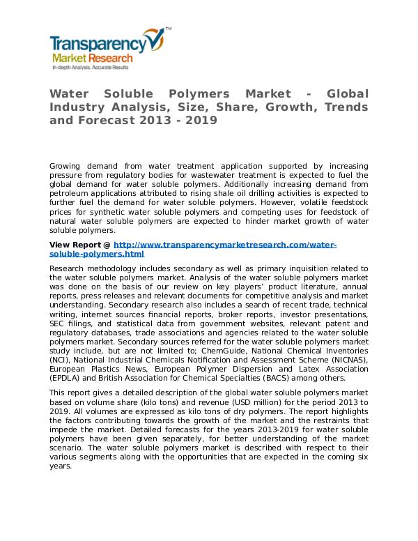 Water Soluble Polymers Market 2013 Share, Trend and Forcast Water Soluble Polymers Market - Global Industry An