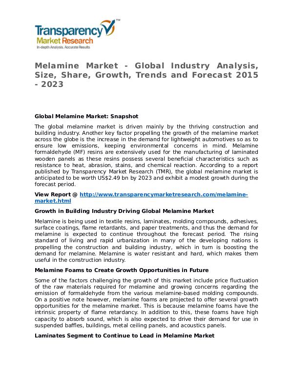Melamine Market SWOT Analysis Of Top Key Player Forecasts To 2023 Melamine Market - Global Industry Analysis, Size,