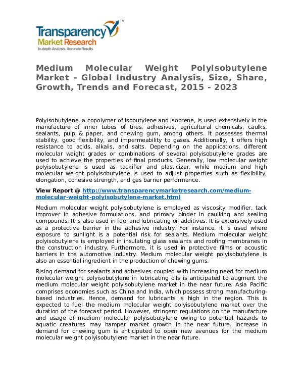 Medium Molecular Weight Polyisobutylene Market 2015 Medium Molecular Weight Polyisobutylene Market
