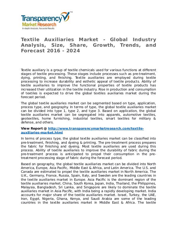 Textile Auxiliaries Market 2016 Textile Auxiliaries Market