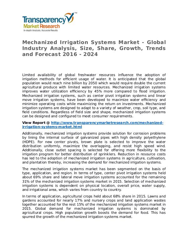 Mechanized Irrigation Systems Market 2016 Mechanized Irrigation Systems Market - Global Indu