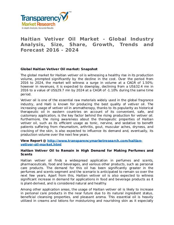 Haitian Vetiver Oil Market 2016 Share, Trend and Forecast Haitian Vetiver Oil Market - Global Industry Analy