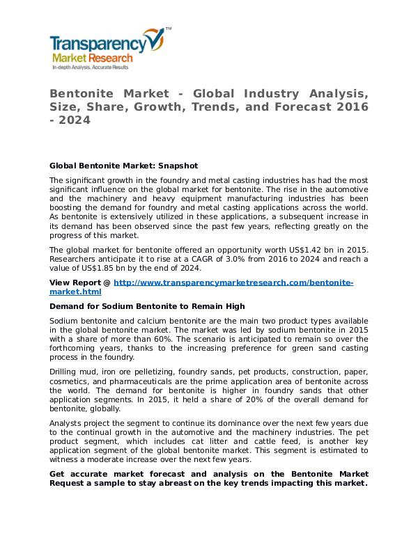 Bentonite Market 2016 Share, Trend, Segmentation and Forecast to 2024 Bentonite Market - Global Industry Analysis, Size,
