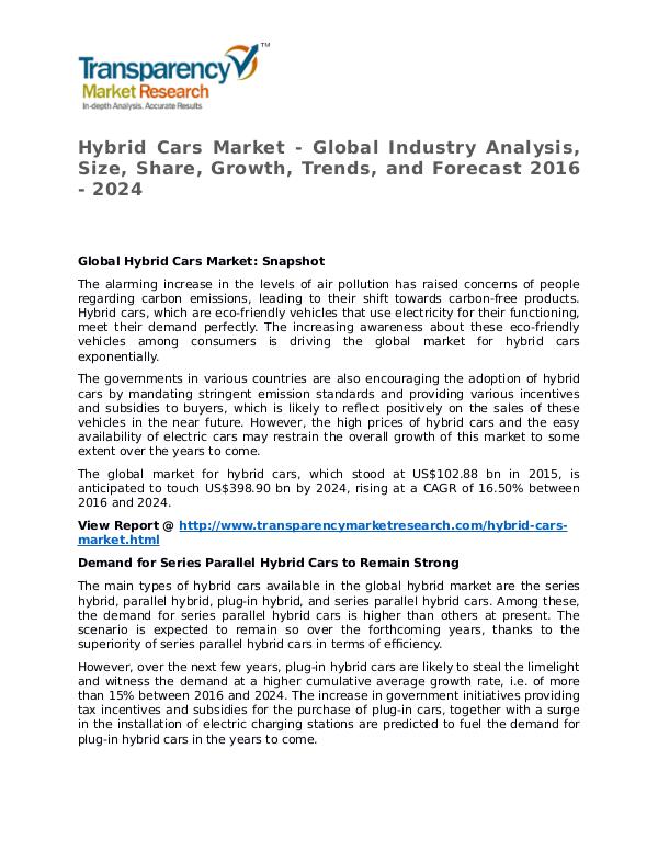 Hybrid Cars Market 2016 Share, Trend, Segmentation and Forecast Hybrid Cars Market - Global Industry Analysis, Siz