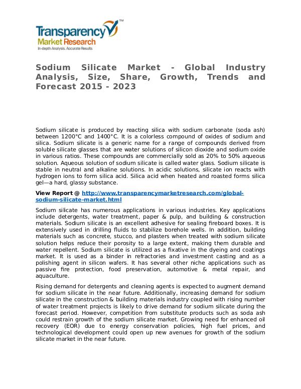 Sodium Silicate Market 2015 Share, Trend, Segmentation and Forecast Sodium Silicate Market - Global Industry Analysis,