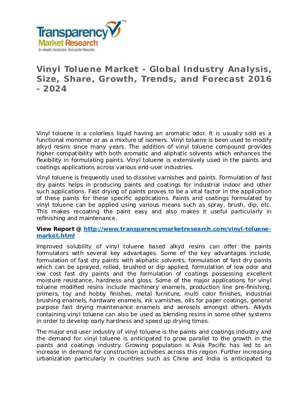 Vinyl Toluene Market SWOT Analysis Of Top Key Player Forecasts Vinyl Toluene Market - Global Industry Analysis, S