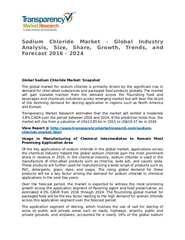 Sodium Chloride Market 2016 Share, Trend, Segmentation and Forecast Sodium Chloride Market - Global Industry Analysis,