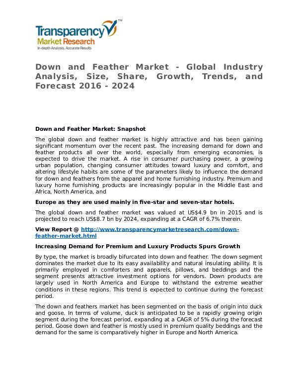 Down and Feather Market 2016 Share, Trend, Segmentation and Forecast Down and Feather Market - Global Industry Analysis