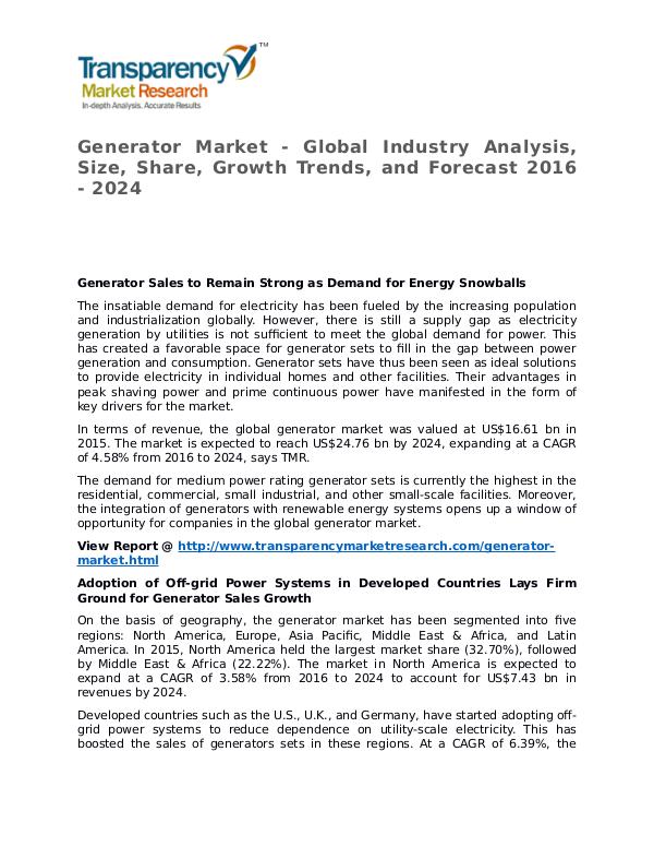 Generator Market SWOT Analysis Of Top Key Player Forecasts To 2024 Generator Market - Global Industry Analysis, Size,