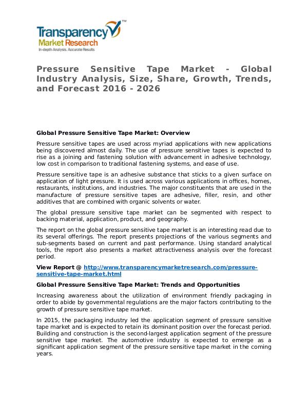 Pressure Sensitive Tape Market 2016 Share, Trend and Forecast Pressure Sensitive Tape Market - Global Industry A