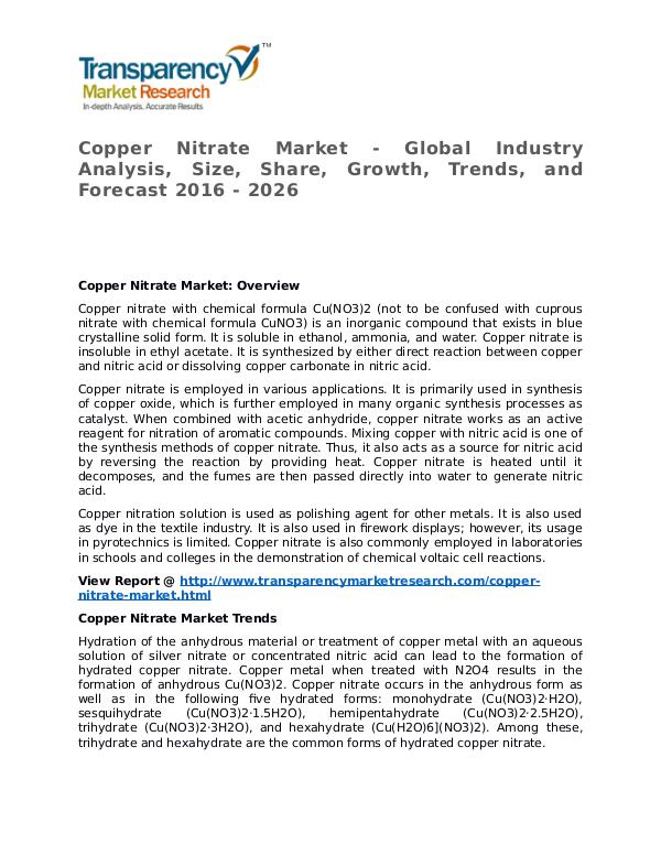 Copper Nitrate Market 2016 Share, Trend, Segmentation and Forecast Copper Nitrate Market - Global Industry Analysis,