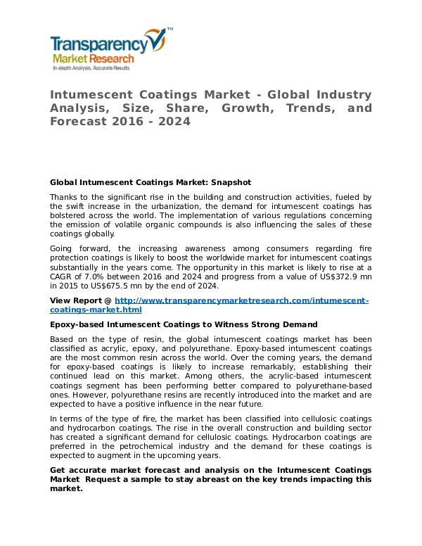 Intumescent Coatings Market 2016 Share, Trend and Forecast Intumescent Coatings Market - Global Industry Anal