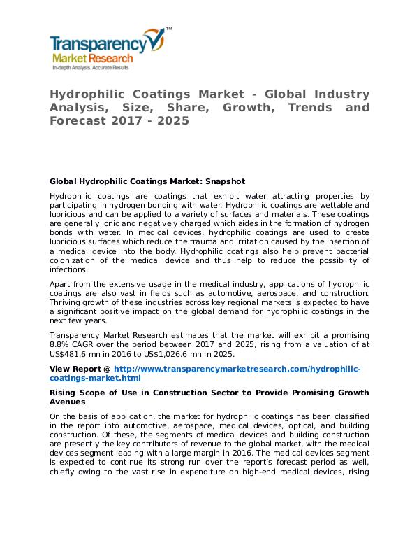 Hydrophilic Coatings Market 2017 Share, Trend and Forecast Hydrophilic Coatings Market - Global Industry Anal