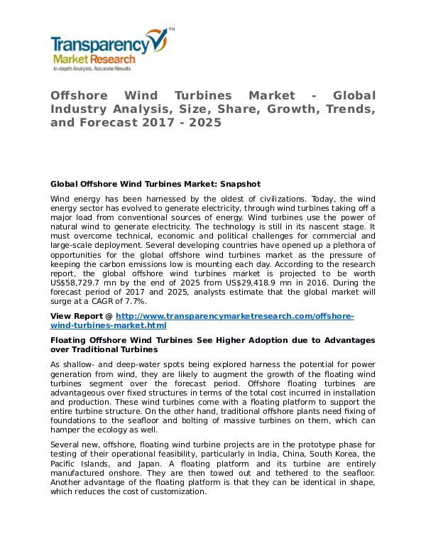 Offshore Wind Turbines Market 2017 Share, Trend and Forecast Offshore Wind Turbines Market - Global Industry An