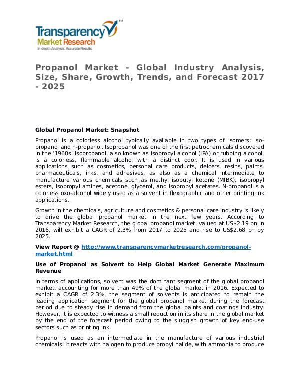 Propanol Market SWOT Analysis Of Top Key Player Forecasts To 2025 Propanol Market - Global Industry Analysis, Size,