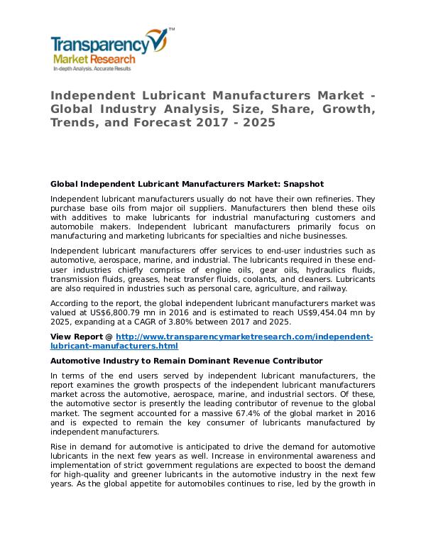 Independent Lubricant Manufacturers Market 2017 Independent Lubricant Manufacturers Market - Globa