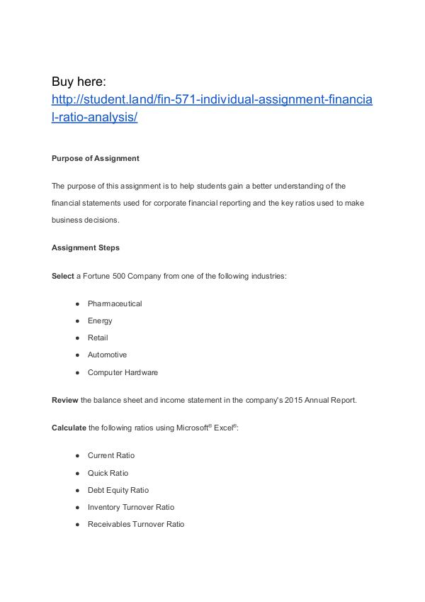 FIN 571 Individual Assignment Financial Ratio Analysis Homework Help