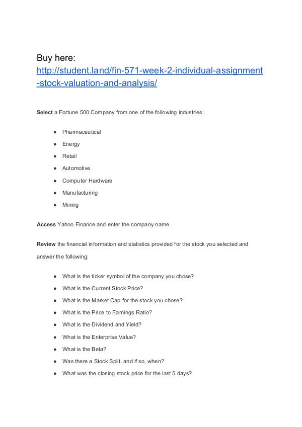 FIN 571 Week 2 Individual Assignment Stock Valuation and Analysis Homework Help