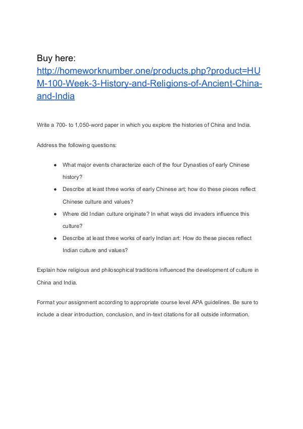 HUM 100 Week 3 History and Religions of Ancient China and India Homework Help