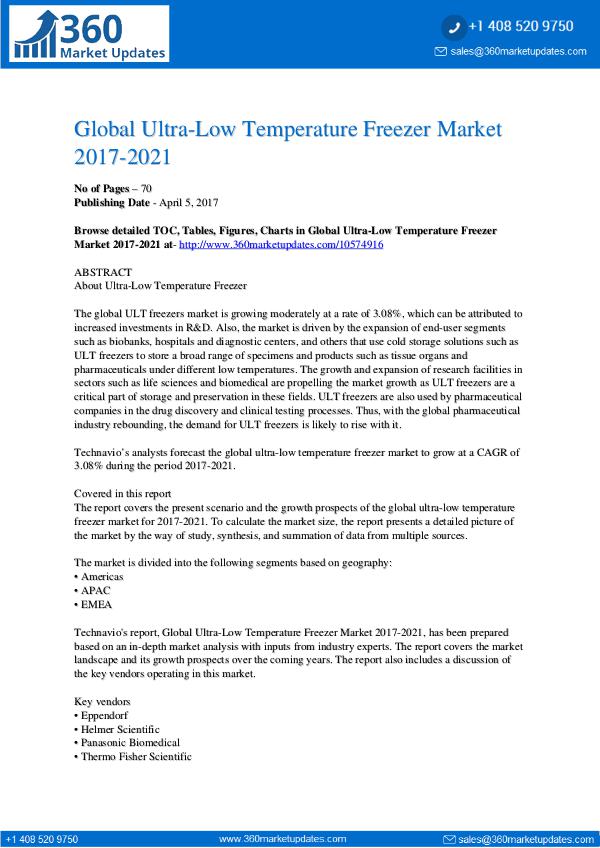 Ultra-Low Temperature Freezer Market 2017-2021
