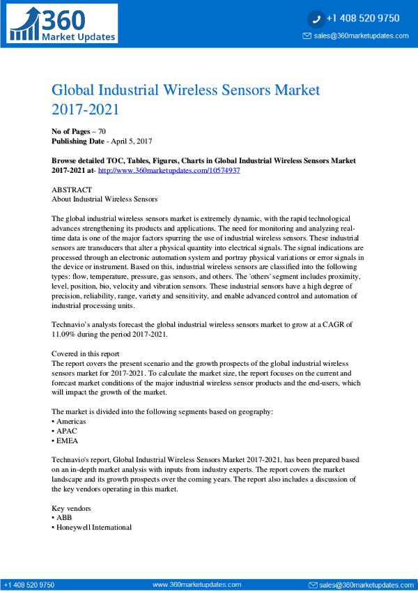 Report- Industrial Wireless Sensors Market 2017-2021