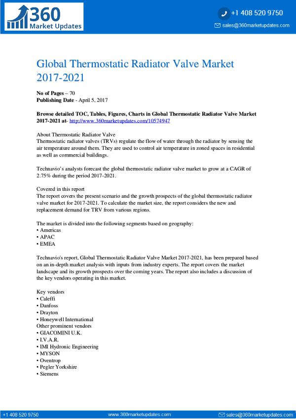 Report- Thermostatic Radiator Valve Market 2017-2021