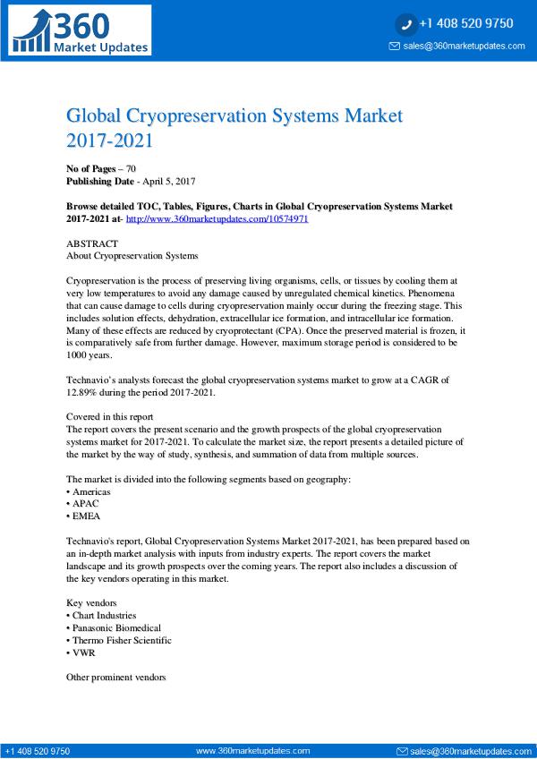 Report- Cryopreservation Systems Market 2017-2021