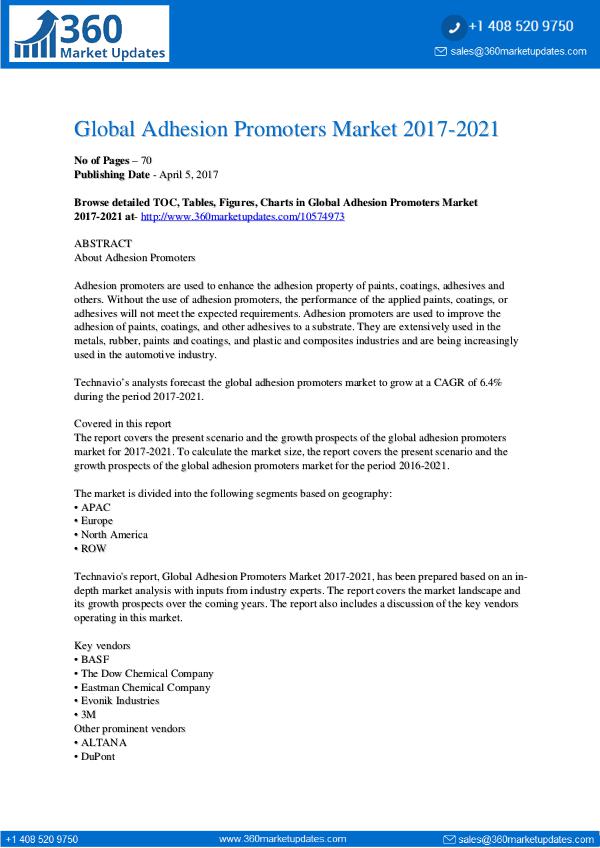 Report- Adhesion Promoters Market 2017-2021