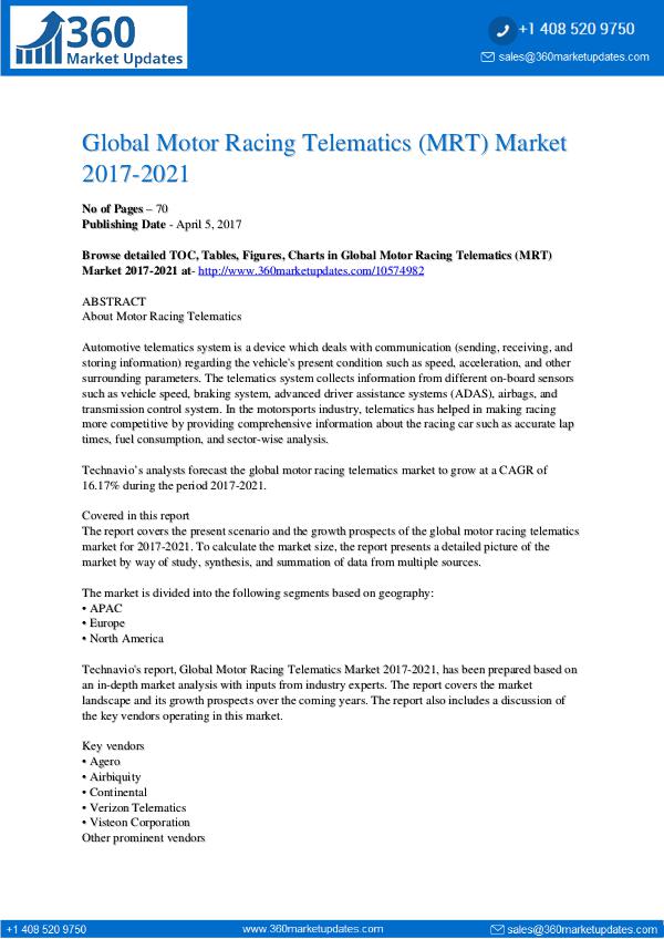 Motor Racing Telematics (MRT) Market 2017-2021