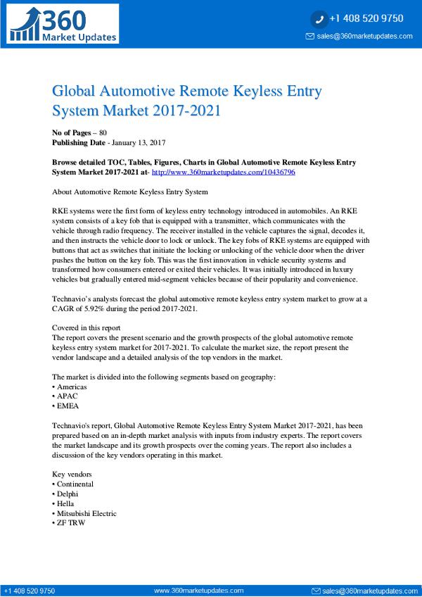 Report- Automotive Remote Keyless Entry System Market 2017