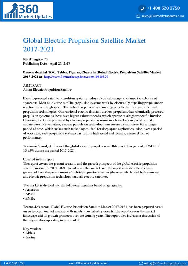 Report- Electric Propulsion Satellite Market 2017-2021