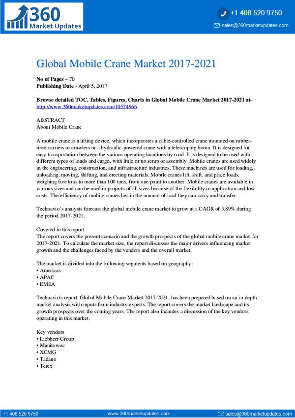 Report- Global Mobile Crane Market 2017-2021