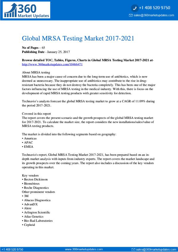 Global MRSA Testing Market 2017-2021