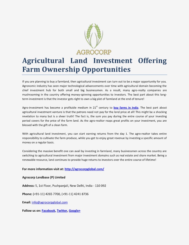 Agrocorp Landbase (P) Limited Agricultural Land Investment Offering Farm Ownersh