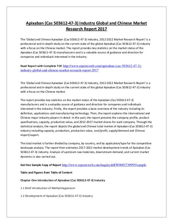 Market Research Study 2017 Apixaban Market International Report Analysis