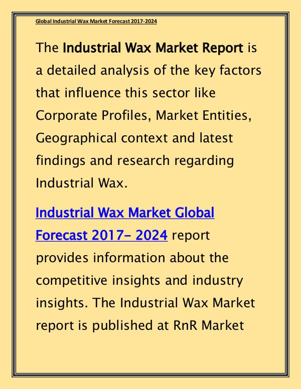 Industrial Wax Market Expected to Grow at CAGR 4.50% by 2024 Report April 2017