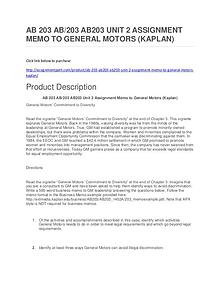 AB 203 AB/203 AB203 UNIT 2 ASSIGNMENT MEMO TO GENERAL MOTORS (KAPLAN)