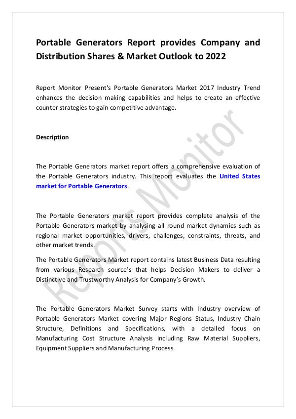 Machinery and Equipments Portable Generators Report provides Company and Di