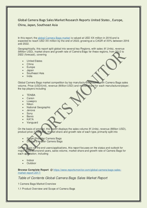 Reports Monitor - Market Reports Global Camera Bags Sales Market Report
