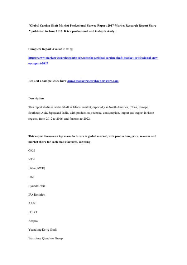 Market Research Report Store  Global Cardan Shaft Market Professional Survey Rep
