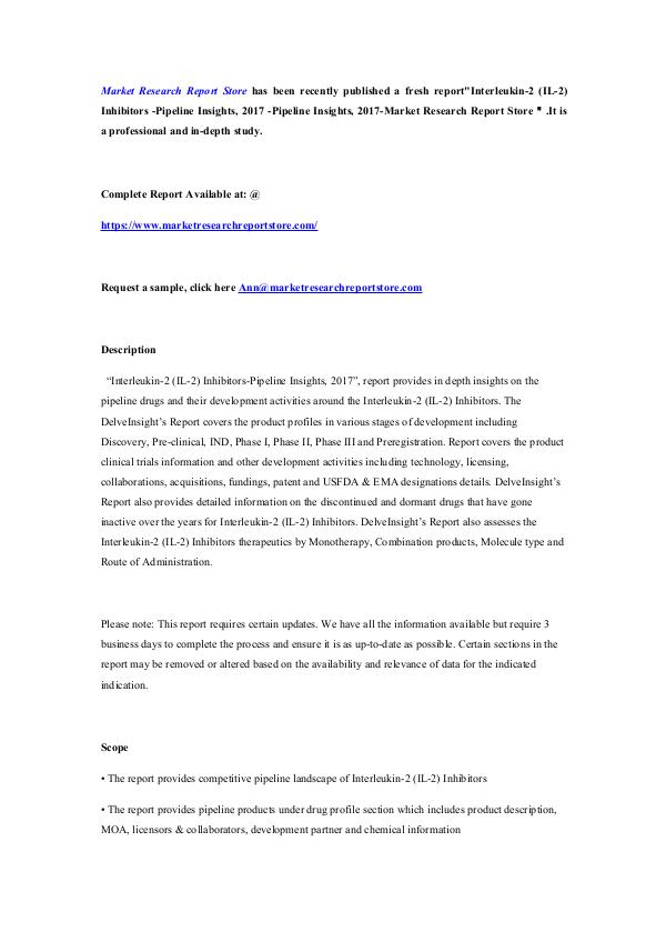 Market Research Report Store  Interleukin-2 (IL-2) Inhibitors -Pipeline Insights