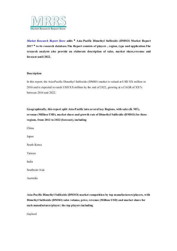 Market Research Report Store  Asia-Pacific Dimethyl Sulfoxide (DMSO) Market Repo