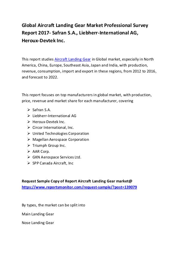 Market Research Reports Global Aircraft Landing Gear Market Report 2017