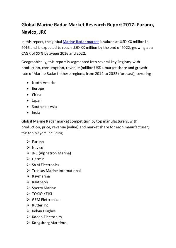 Market Research Reports Global Marine Radar Market Research Report 2017