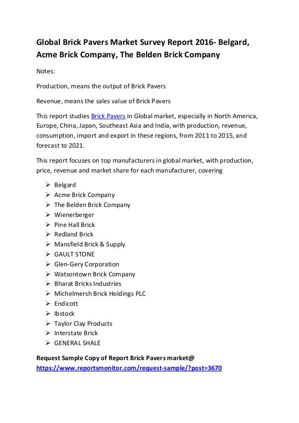 Market Research Reports Global Brick Pavers Market  Survey Report 2016
