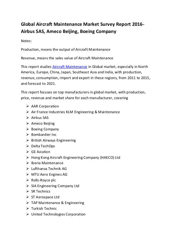 Global Aircraft Maintenance Market Professional Su