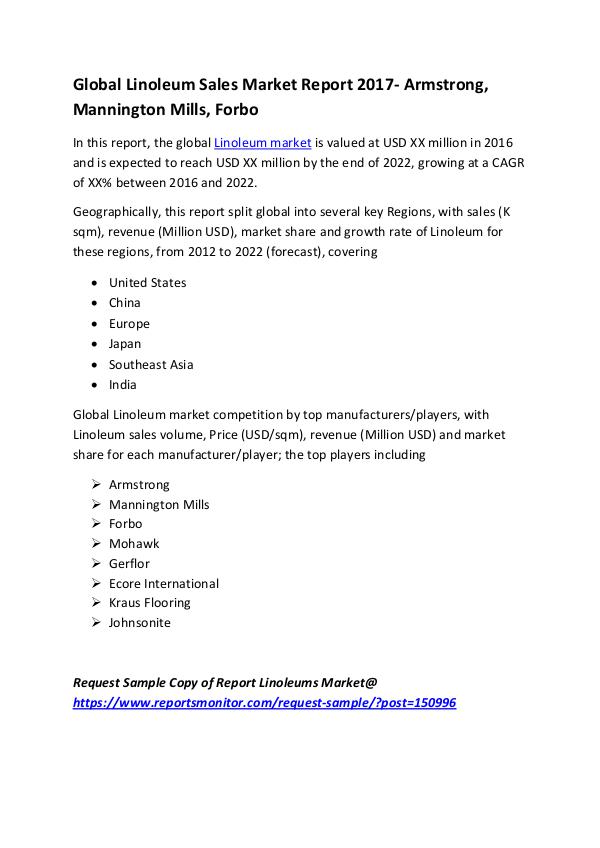 Market Research Reports Global Linoleum Sales Market Report 2017