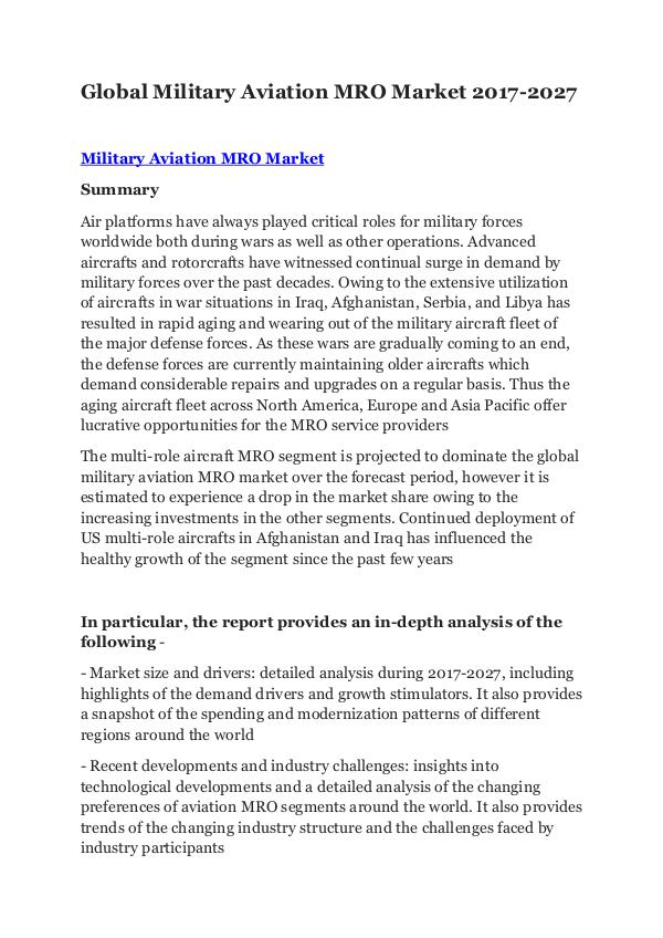 Market Research Reports Global Military Aviation MRO Market 2017