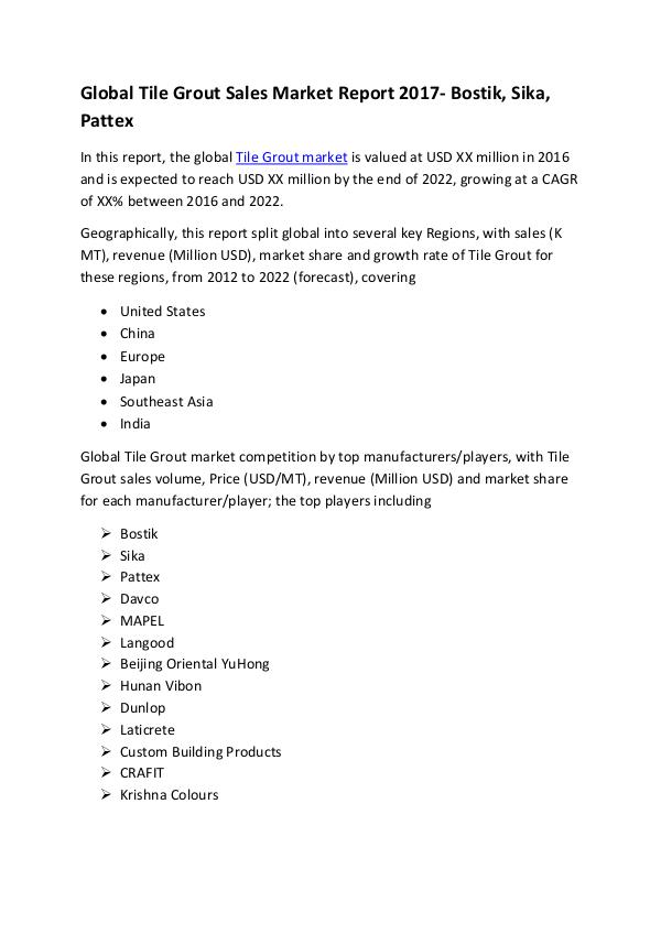 Global Tile Grout Sales Market Report 2017